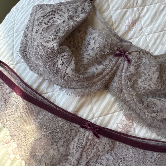 Victoria's Secret Taupe Lace Bra & Bikini Set with Plum Trim - Picture 2 of 3